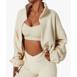 New Size Medium QINSEN Womens Full Zip Fleece/Sherpa Crop Jacket Stand Up Collar